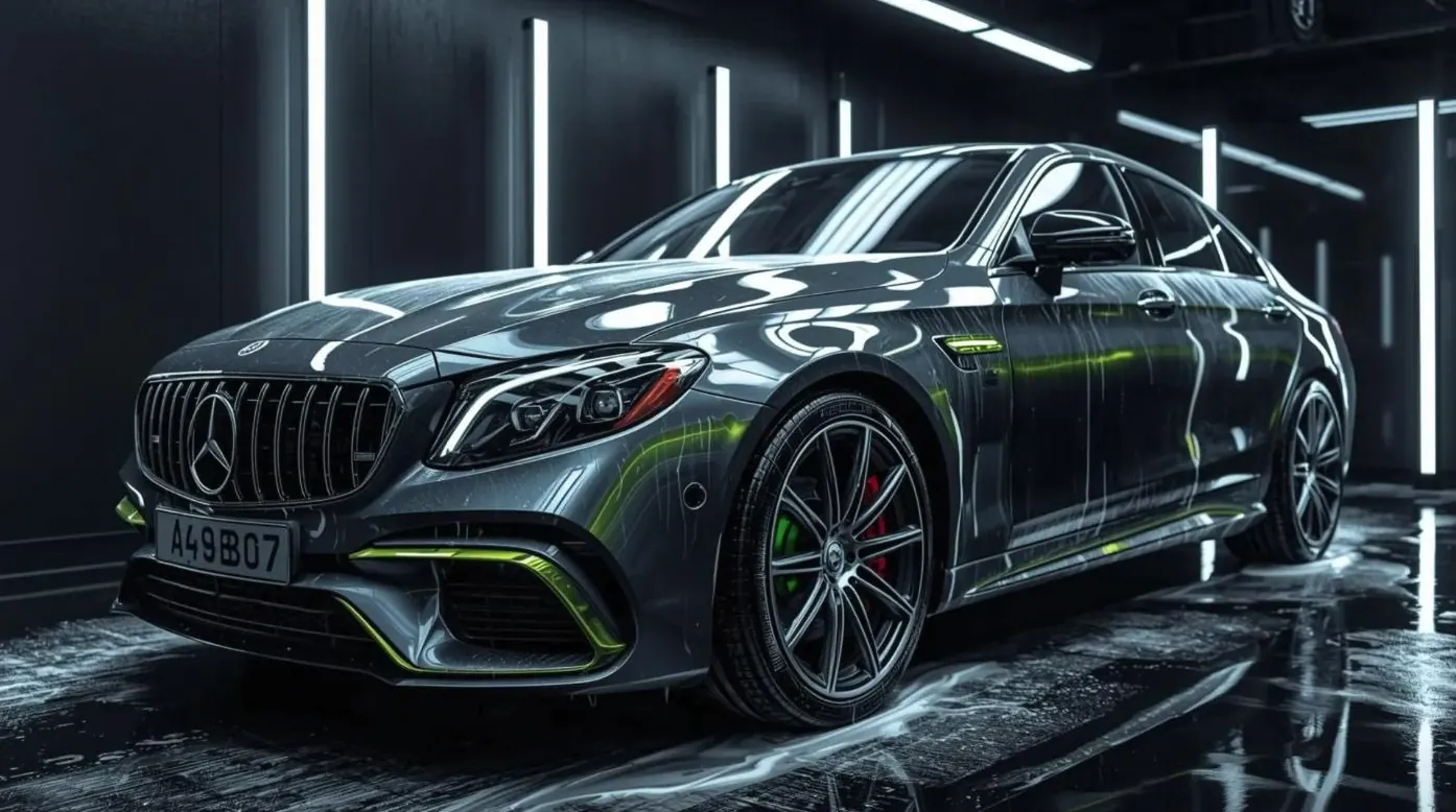 Donkergrijze Mercedes-AMG met limoengroene accenten in een verlichte detailing-studio